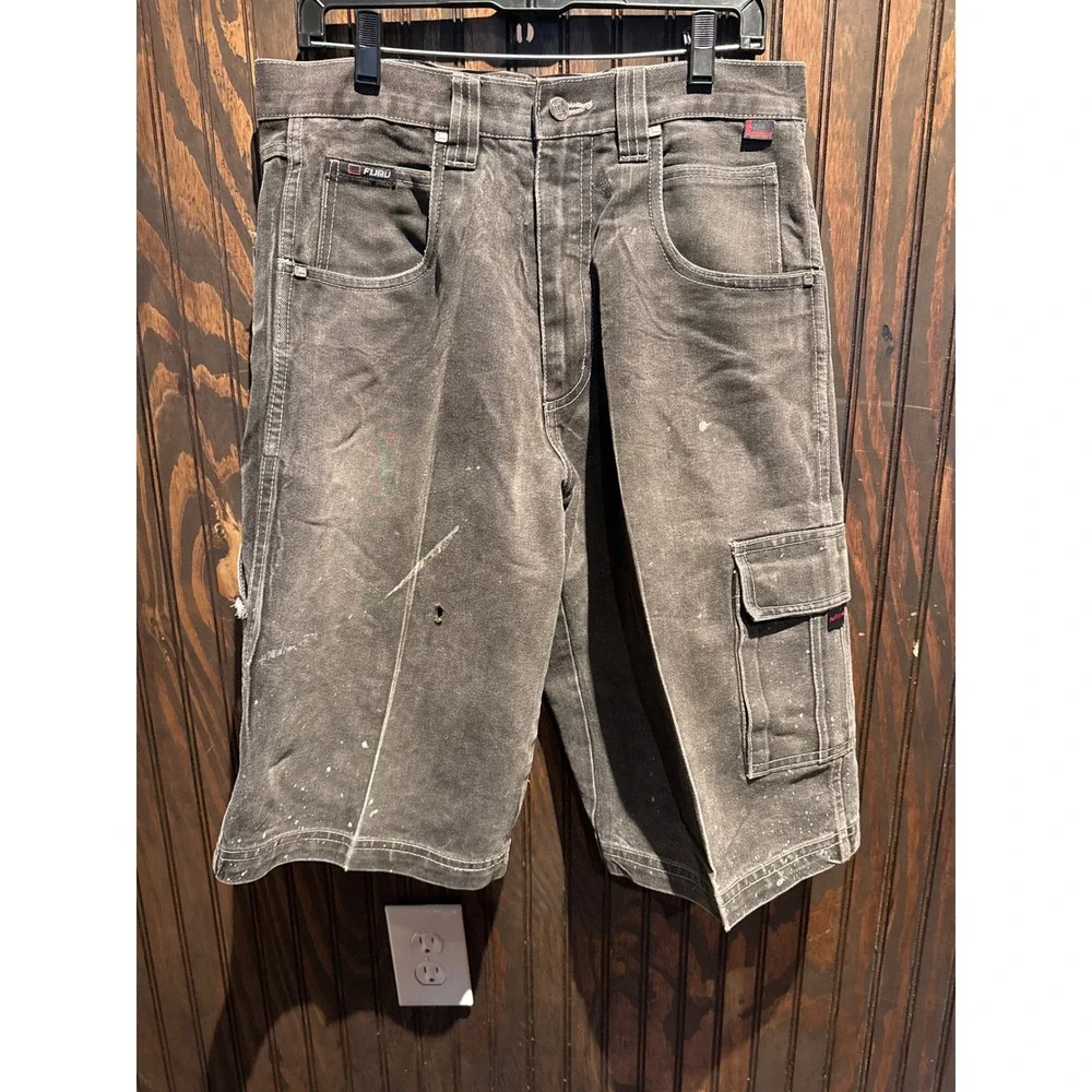 FUBU Mens Vintage Baggy Carpenter Denim Shorts Faded Cargo 32x14 Distressed